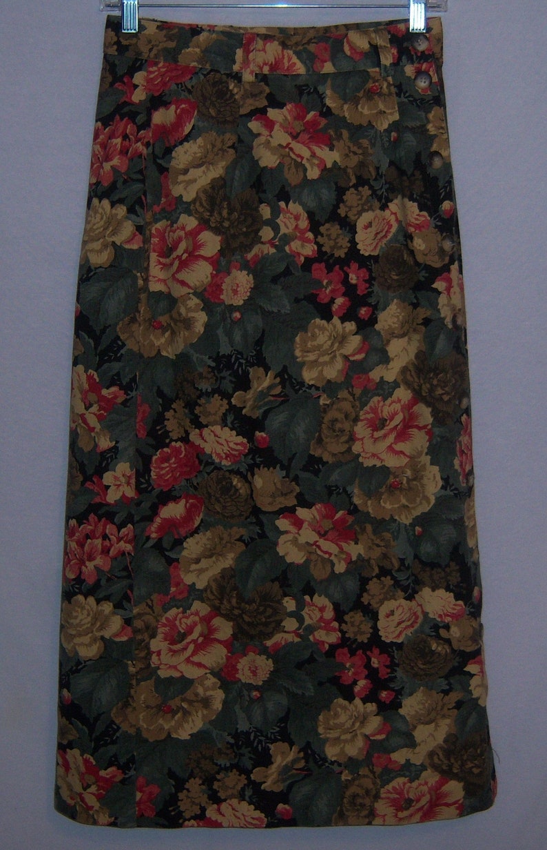 Vintage Bentley Arbuckle Black Green Cranberry Floral Flower Print Denim Maxi Skirt 6 8 Small Fall Autumn Modest
