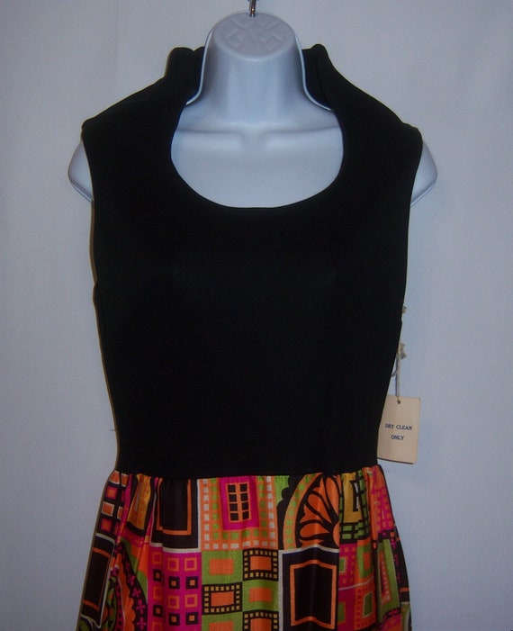 Vintage Lerners Black Orange Pink Green Mod Geometric Abstract Print Maxi Knit Dress 8 10 Medium MCM Deadstock NOS NWT Gift