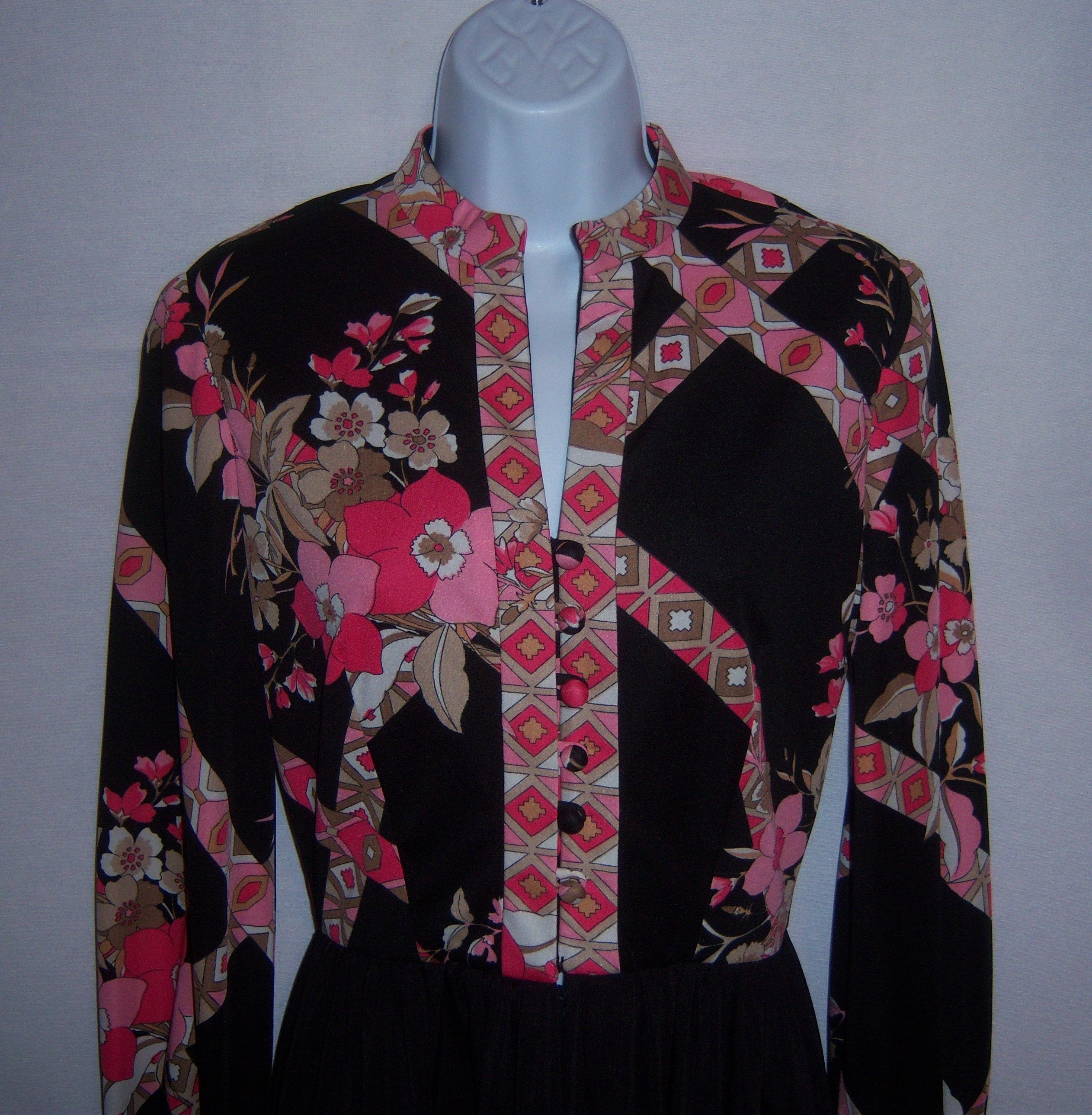 Vintage Robert Courtney Black Pink Flower Floral Print Sweeping Maxi Hostess Dress Small 4 6 S Caftan Muumuu