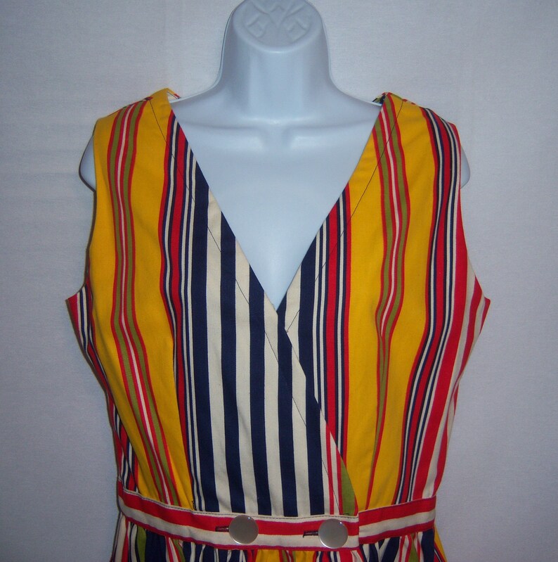 Vintage The Rogue by Michael Casuals Blue Red Yellow Lime Bold Striped Stripes Wrap Day Dress 10 Medium image 1