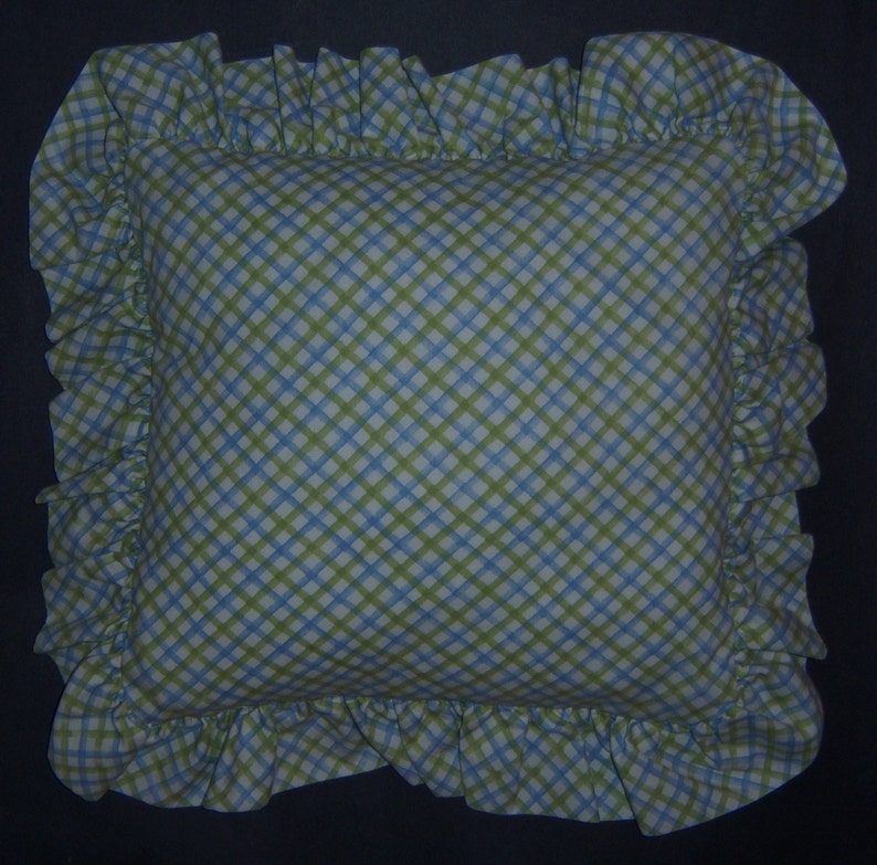 Vintage Laura Ashley Poppy Meadow Lattice Criss Cross Plaid Green Blue Print Pattern Ruffled Throw Pillow