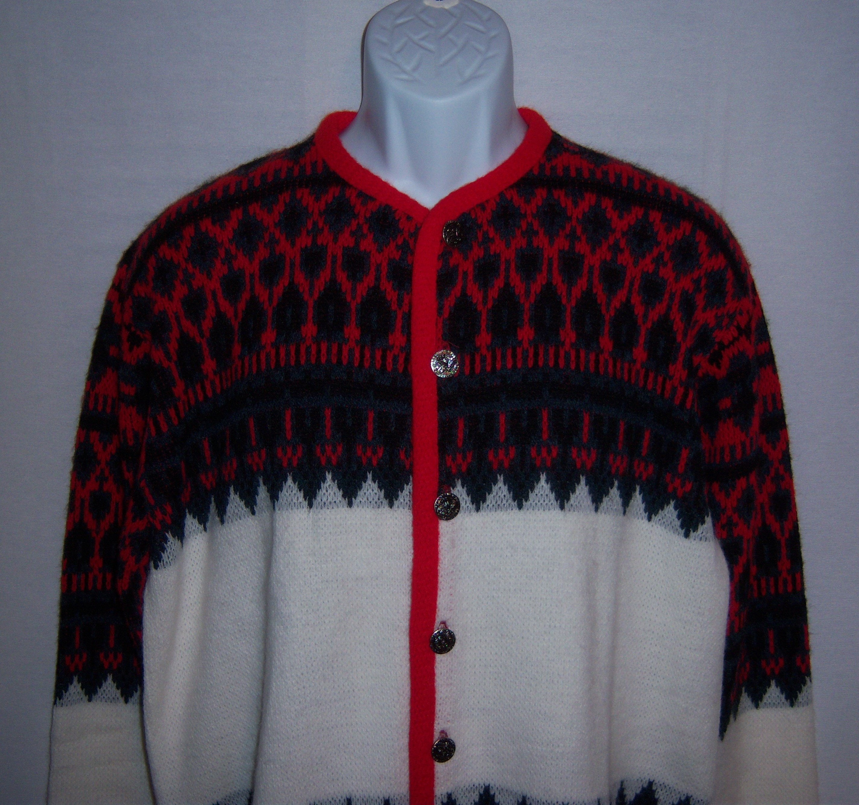 Vintage Cabot Red Black Blue White Nordic Fair Isle Pattern Acrylic Cardigan Sweater Extra Large Xl Men's Gift