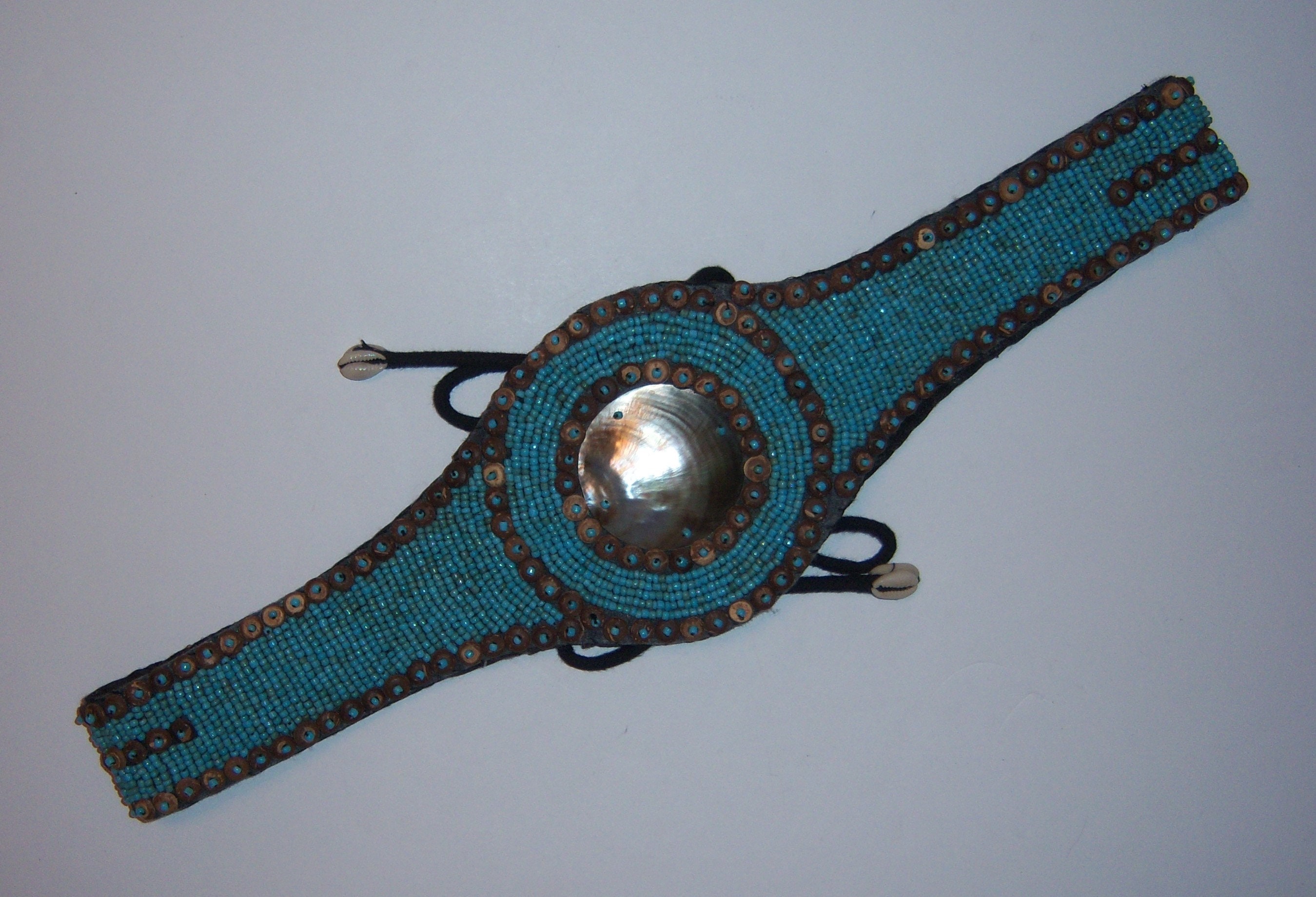 GIPSY Sea Shells Sash Belt CINCH WAIST Handmade Cowrie Turquoise Button Beaded M Vintage African Beaded Tie Waist Belt in Turquoise Seed  main image 4