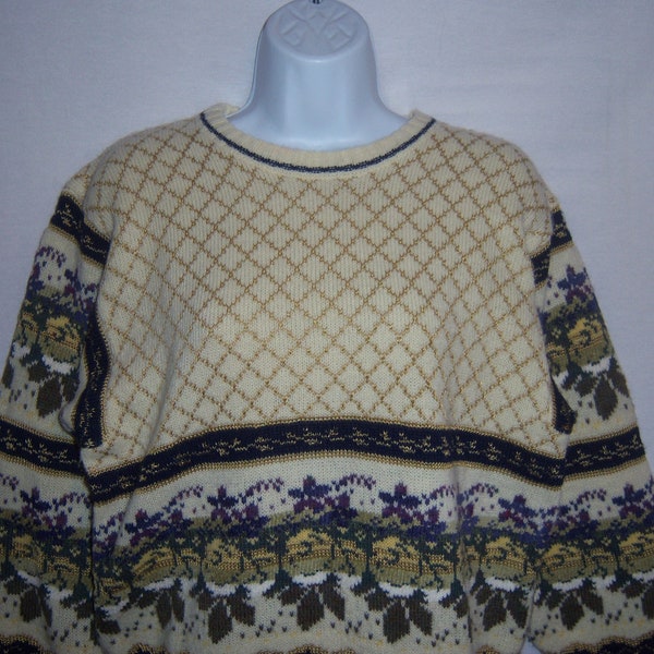 Vintage The Import Workshop Ivory Cream Purple Gold Dark Pine Green Roses Flowers Floral Pattern Wool Blend Jumper Sweater Medium M