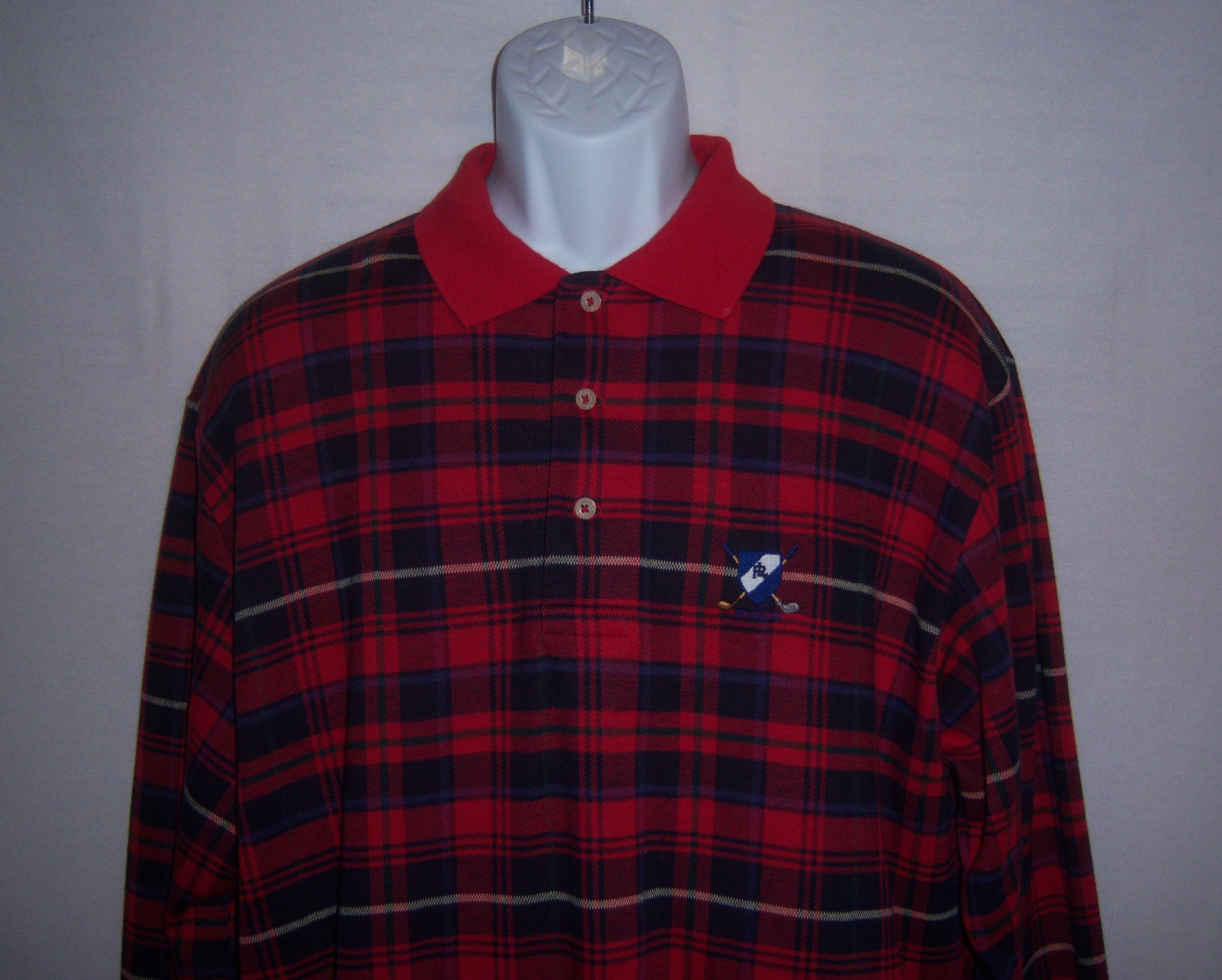 VintagePrepGirl Vintage Polo Ralph Lauren Red Navy Blue Plaid Tartan Soft Cotton Knit Rugby Shirt Large L Long Sleeve Golf Logo