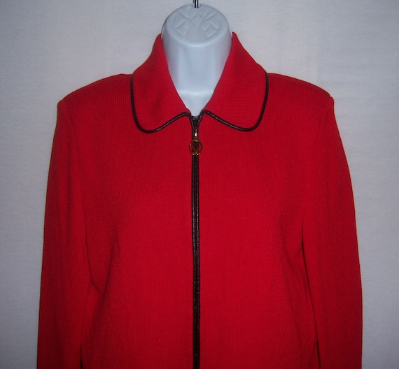 Vintage St. John Collection by Marie Gray Red Black Leather Trimmed 2 Piece  Jacket and Pants 6 Small S Santana Knit Knits 