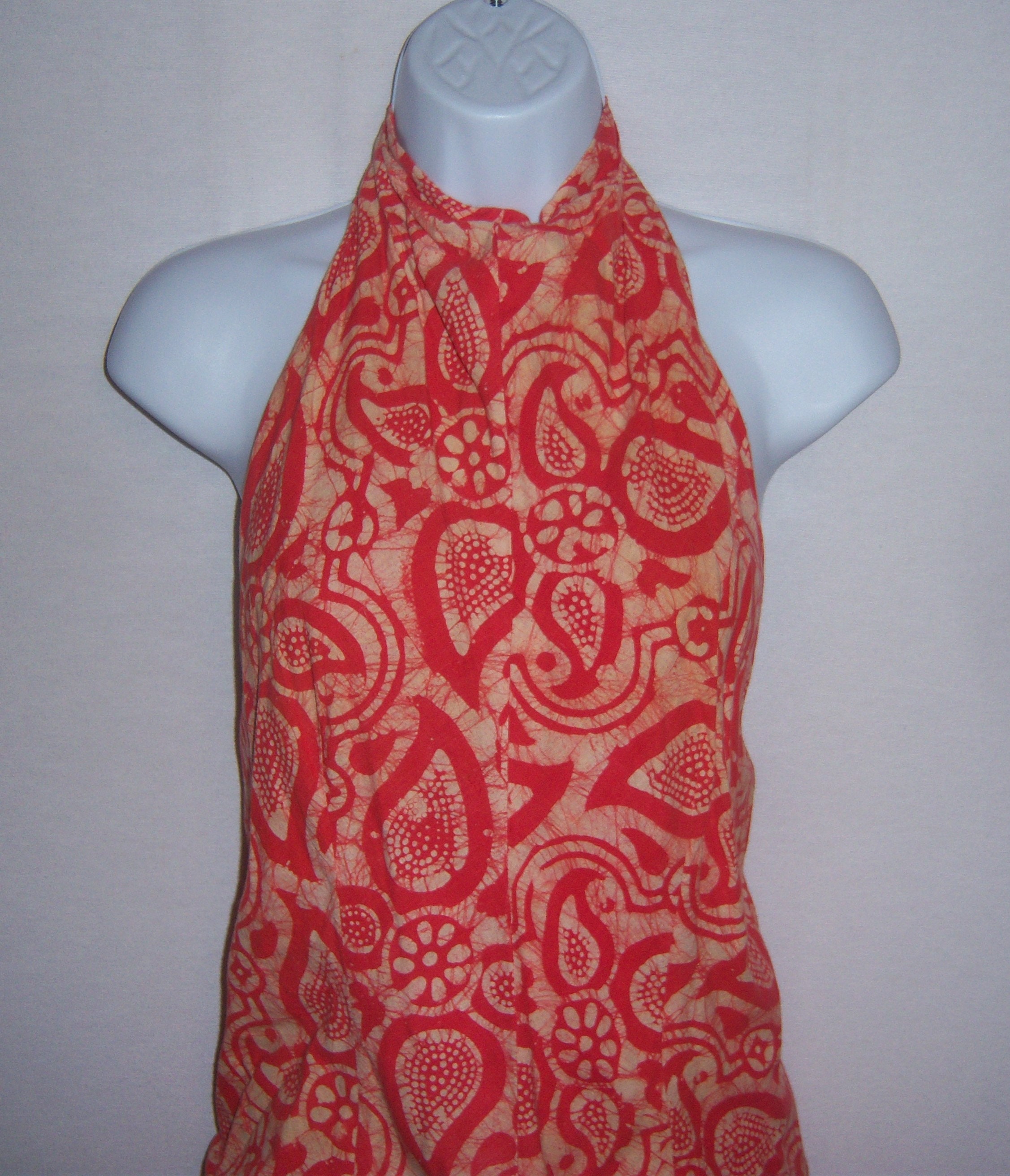 Vintage Donald Brooks Orange Ecru Batik Tropical Floral Paisley Cotton Halter Top Matching Maxi Skirt Set 2 4 Small S Gift