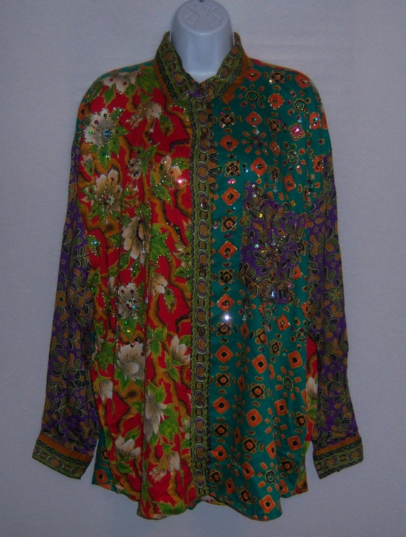 Vintage Floral Patchwork Red Green Purple Print S… - image 2