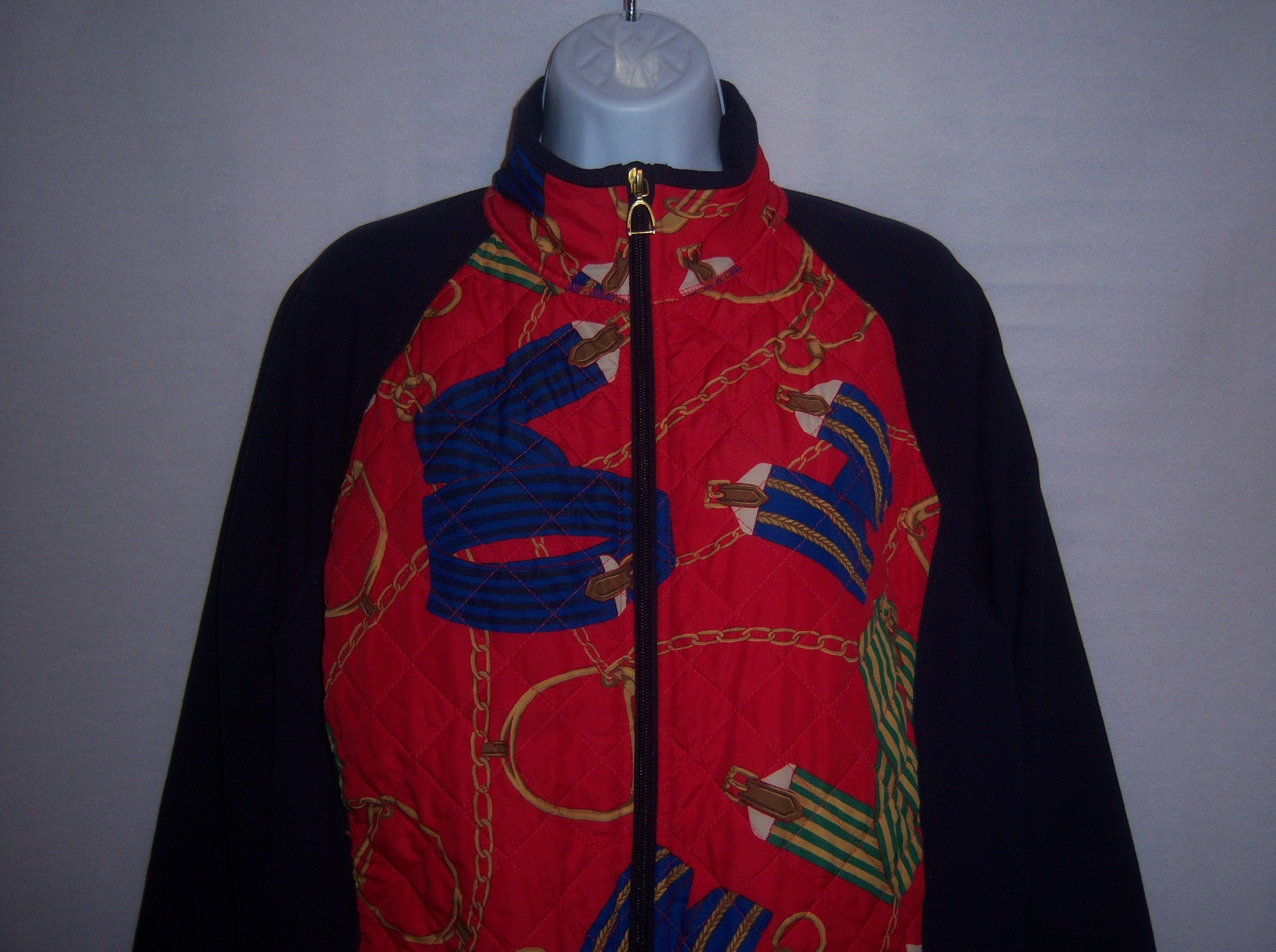 Vintage Lauren Ralph Lauren Active Equestrian Riding Navy Blue Red Jacket Extra Large XL Horse Rider Bridle Scarf Print Polo Quilted