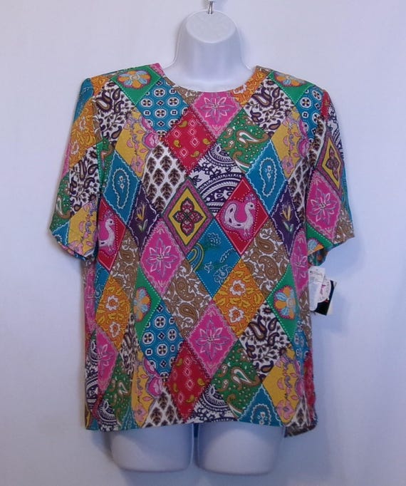 Vintage Notations Blouse Patchwork Print Animals … - image 2