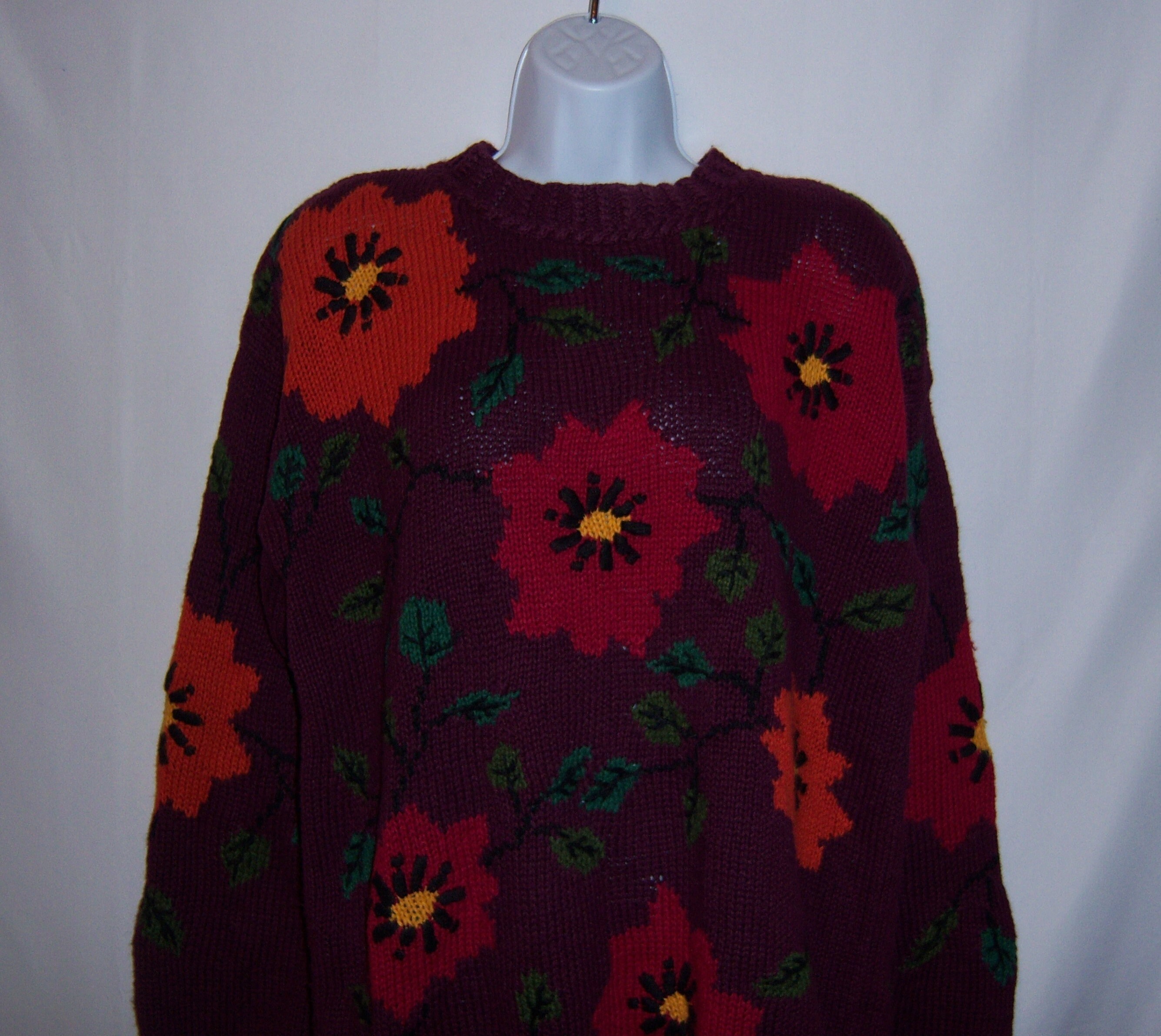 Vintage Izod Plum Aubergine Orange Floral Flower Pattern Hand Knit Cotton Sweater Large L Gift