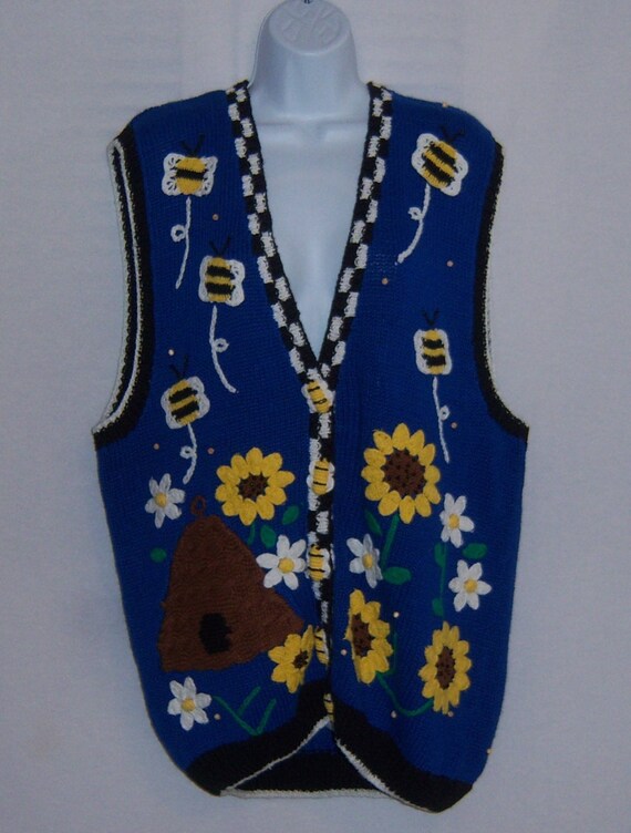 Vintage Bellepointe Blue White Yellow Black Honey Bees Sunflowers