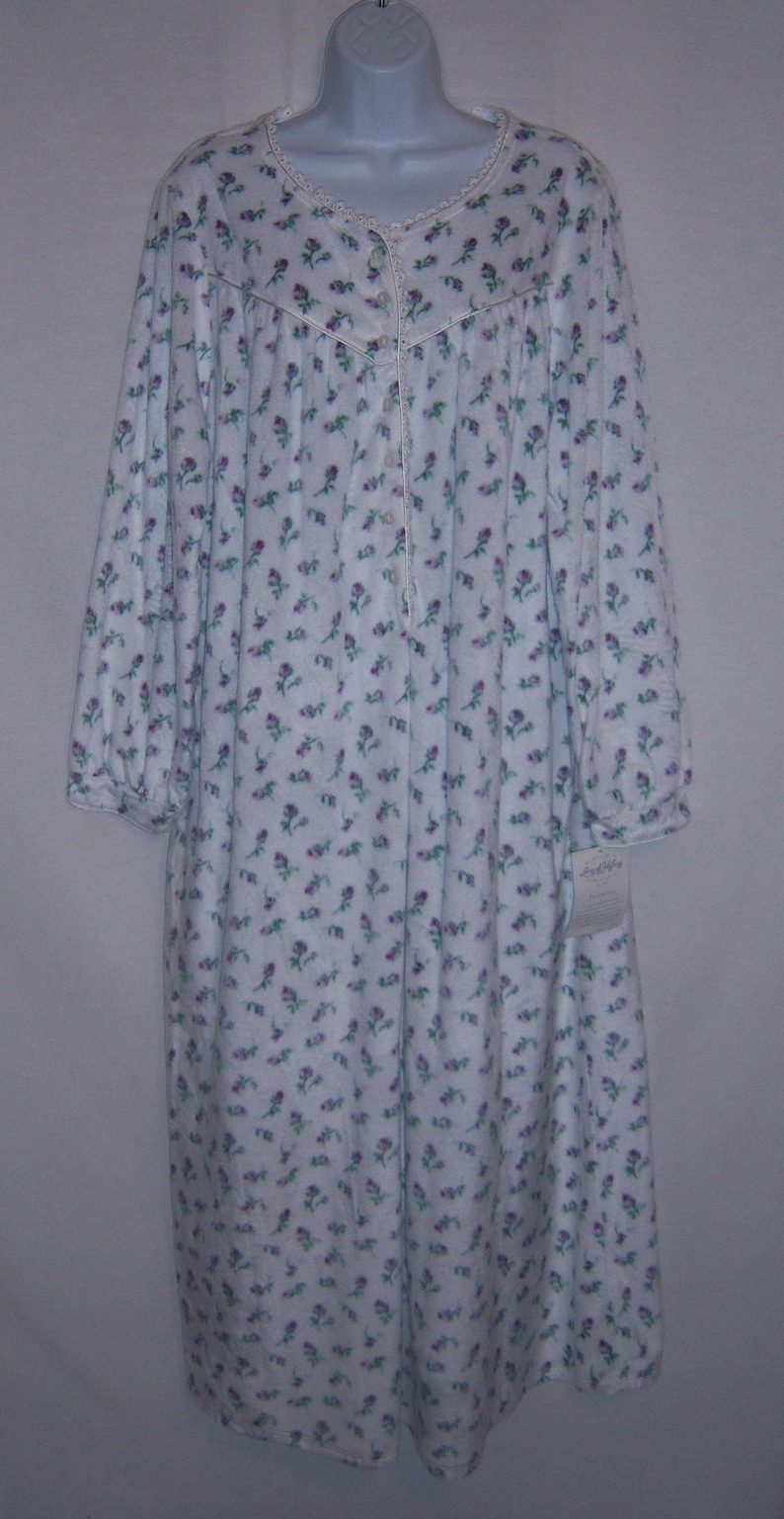 Vintage Lanz of Salzburg Purple Green Rosebud Print Fleece Nightgown Night Gown Large L Deadstock NWT NOS Sleep Victorian Edwardian Style