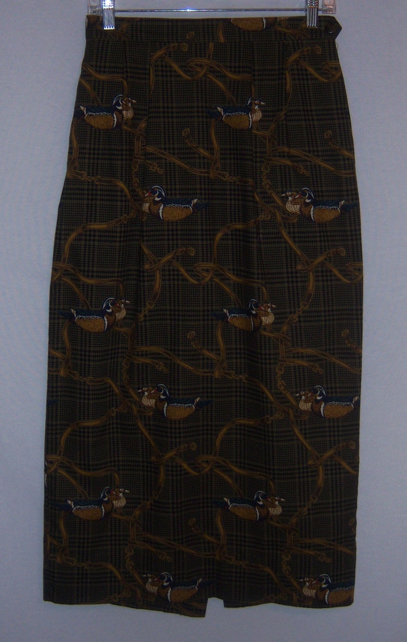 Vintage Alexander Campbell Brown Black Plaid Ducks Water Fowl Print Cotton Maxi Skirt 8 10 Huntin Field Stream