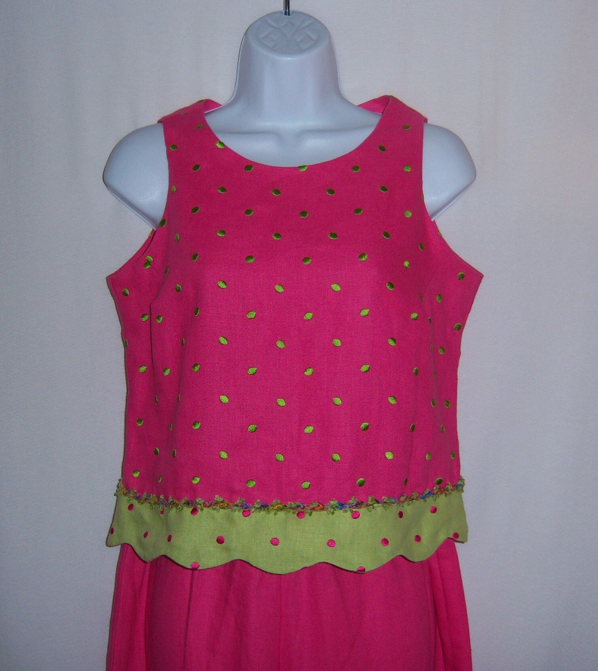 Vintage Taylor G. Hot Pink Lime Green Embroidered Polka Dots Linen 2 Piece Set Top & Pants Small S Dallas G Outfit Gift