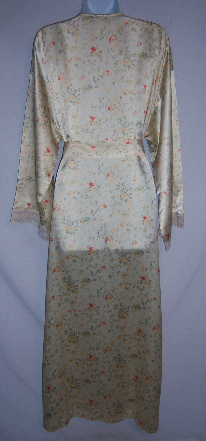 Vintage Valentino Intimo Classic Satin Pale Yellow Red Blue Small Floral Flower Print Robe Large NOS Deadstock NWT Peignoir Dressing Gown