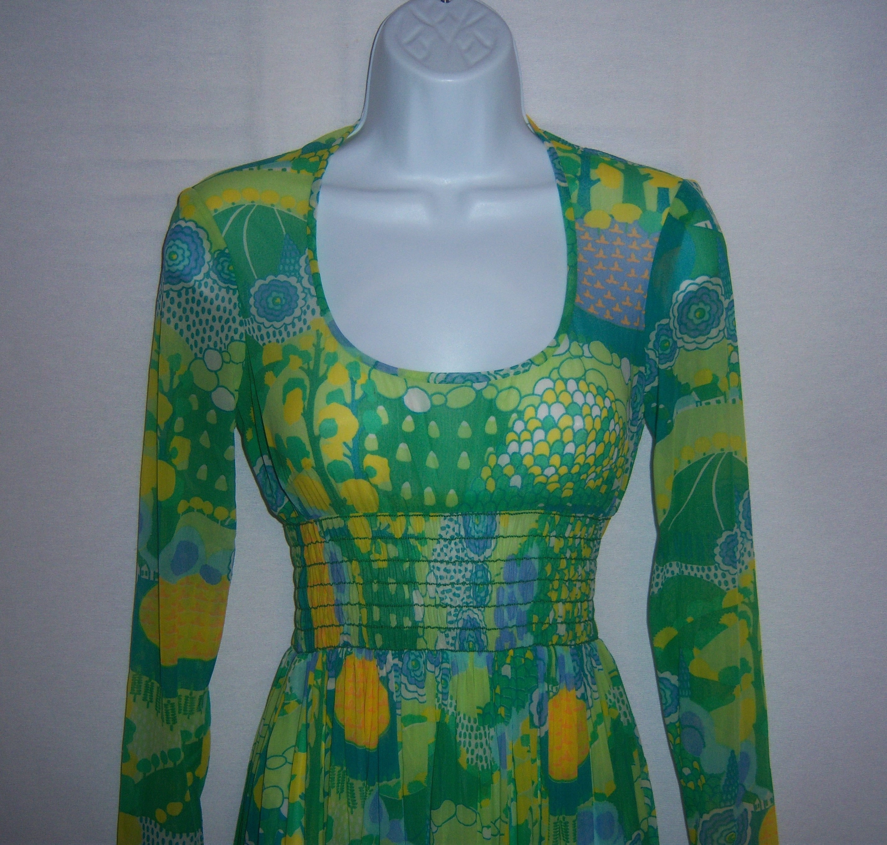 Vintage Robert David Morton Green Blue Yellow Psychedelic Landscape Flower Floral Print Pattern See Thru Gown Maxi Dress Hostess 4 6 Small