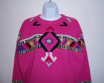 Vintage Bonnie and Bill by Holly Hot Pink Purple Gold Angora Lambswool Sweater Small S