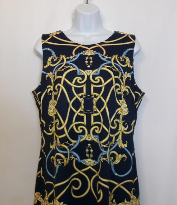 black and blue yellow and gold dress Vintage J. Mclaughlin Navy Equestrian Baroque' Print Pattern Shift Sheath 12 Large Horse Riding Hunting Tack On the Go Men's