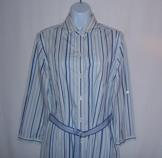 Brooks Brothers, Vintage Brooks Brothers White Blue Striped Stripes Classic Cotton Shirt Dress 10 12 Medium Poplin Belted Gift