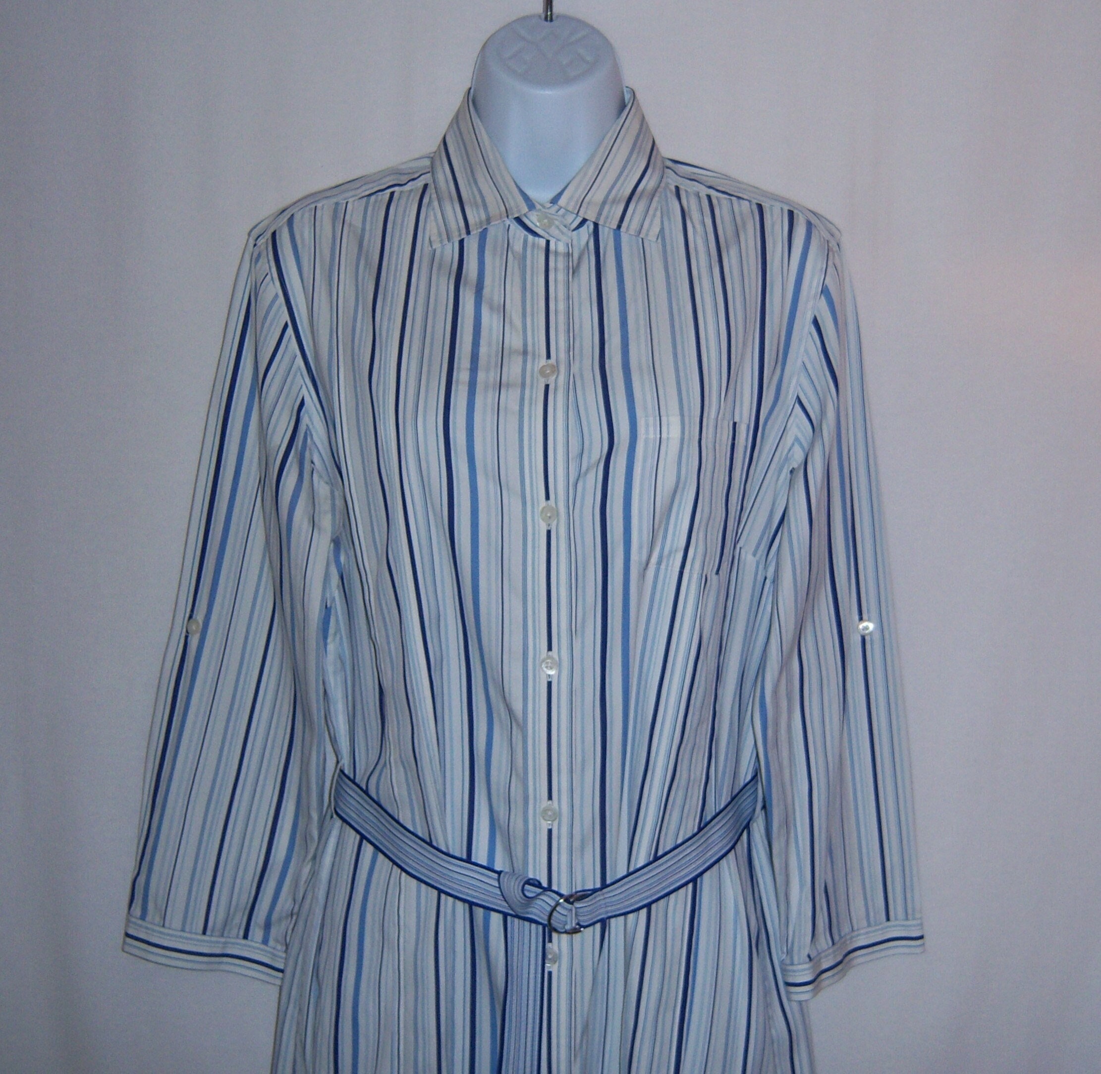 Brooks Brothers, Vintage Brooks Brothers White Blue Striped Stripes Classic Cotton Shirt Dress 10 12 Medium Poplin Belted Gift