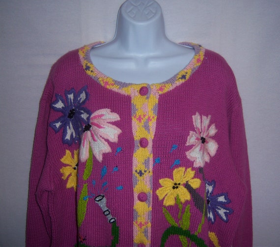 Vintage J Two Sweater Sweater Pink Yellow Floral … - image 1