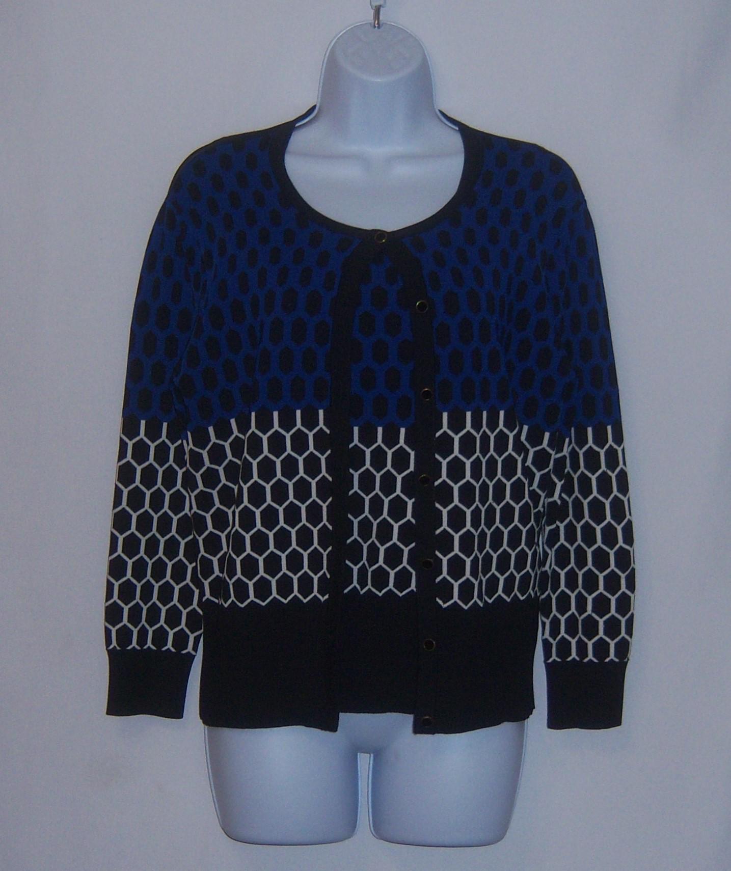 Vintage Carlisle Black Blue White Geometric Pattern Cardigan
