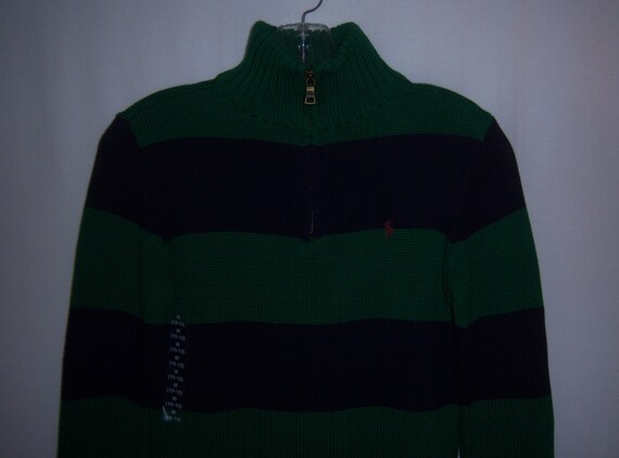green and navy striped sweater