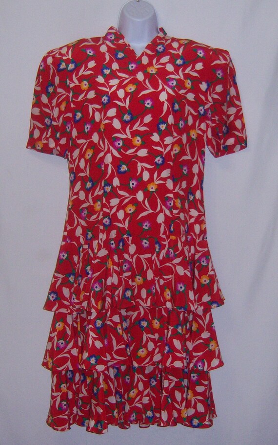 Vintage Albert Nipon Red Blue Green Floral Flower… - image 2