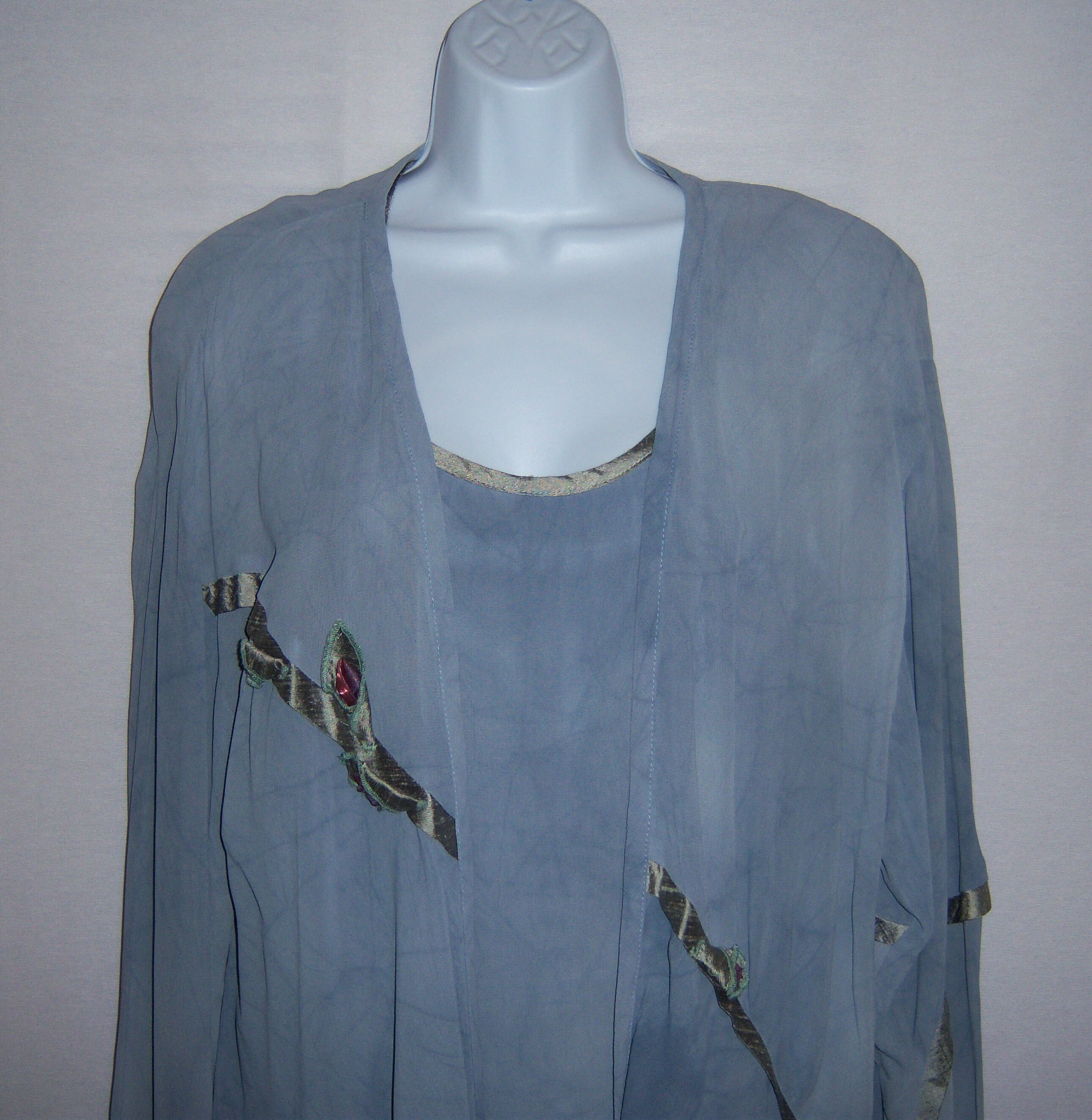 Vintage Spencer Alexis Sa 2 Grey Blue Crepe Ribbon Rosebud Boho 3 Piece Set Tank Pants & Jacket Overblouse 12 Deadstock Nwt Nos Gray