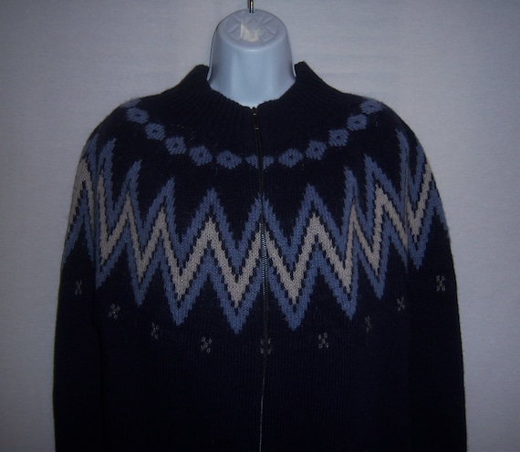 Weekend Max Mara, Vintage Max Mara Weekend Navy Blue Periwinkle Grey Flame Stitch Fair Isle Pattern Wool Zip Cardigan Sweater Small S Deadstock NOS NWT Gift