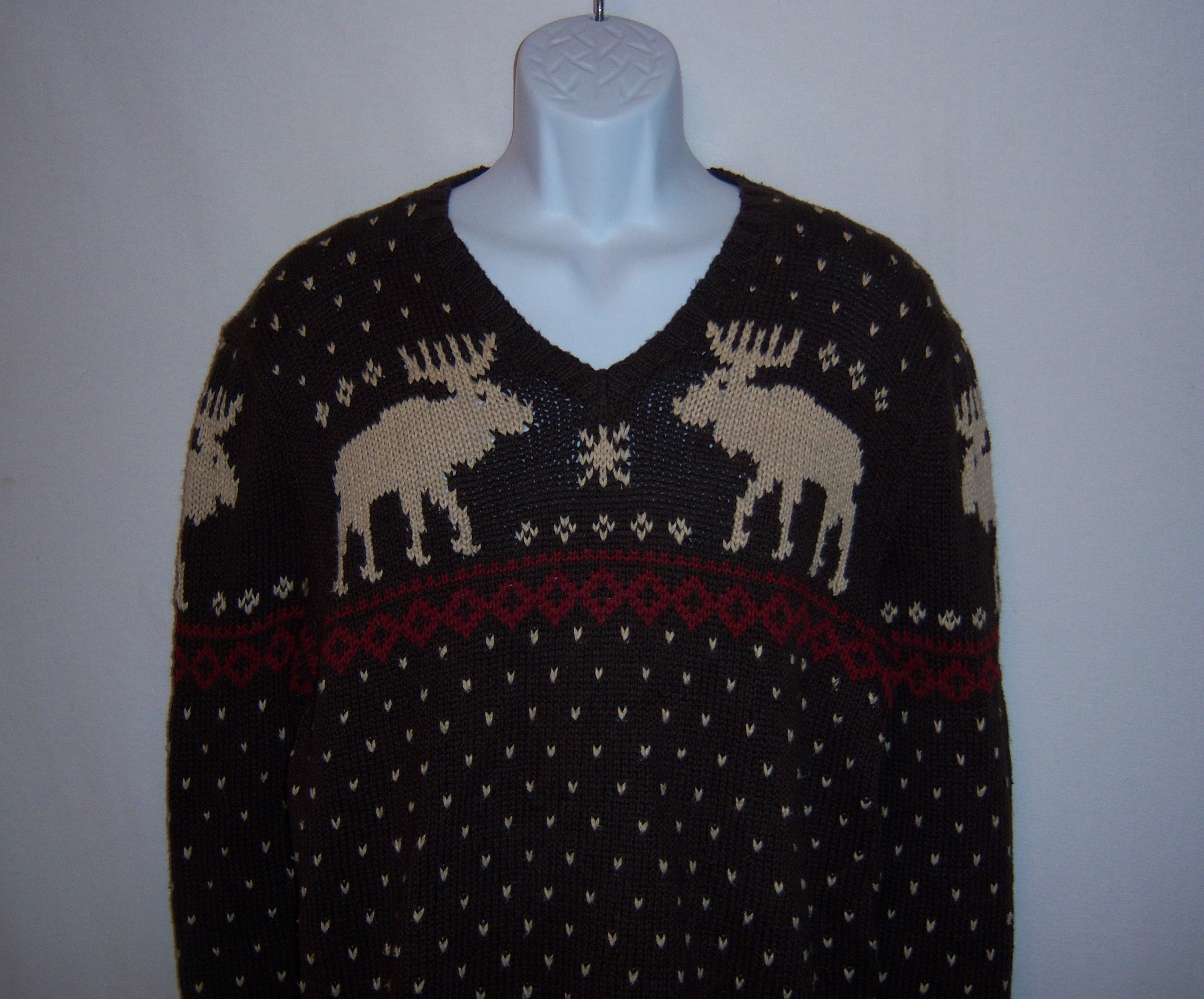 Vintage Polo Ralph Lauren Brown Tan Burgundy Moose Birdseye Winter Cotton Linen Sweater L Large Reindeer Gift