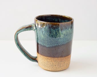 Vasily Handmade 9 oz Ceramic Mug, Blue Green Reactive Glaze Coffee Cup, Wheel-Thrown Stoneware