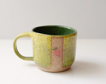 Handmade Stoneware Mug, Chartreuse Forest Green Glaze, Strawberry Motif (8 oz)