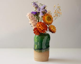 Emerald Green Ceramic Flower Vase, Speckled Pottery, Rustic Organic Home Decor
