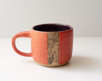 Handmade 8 oz Stoneware Mug, Arizona Sunset Cactus, Orange Red Mulberry Glaze (Right Handed)