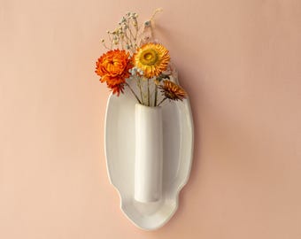White Ceramic Wall Hanging Vase, Cottagecore Flower Holder, Propagation Station