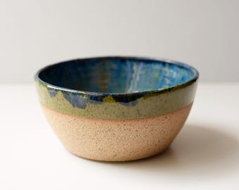 Handmade Speckled Stoneware Bowl, Olive Green and Blue Glazed Ceramic, Earthy Kitchen Decor