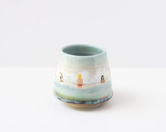Day at the Beach Handmade Ceramic Cup, 6 oz Hand-Painted Pottery Tumbler, Underglaze Art Coffee Cup