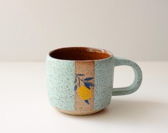 Handmade Stoneware Mug, Seafoam Matte Glaze, Brown Interior, Lemon Emblem (6 oz)