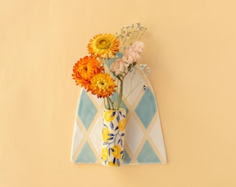 Handmade Ceramic Wall Hanging Vase, Blue and White Geometric Flower Holder