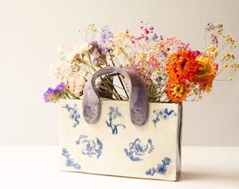 Whimsical Handmade Ceramic Purse Vase, Handbag Flower Holder