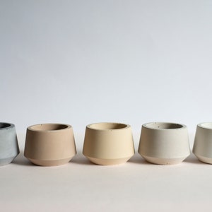 May include: Five small, modern concrete planters in a row. Each planter has a unique color, ranging from gray to white. The planters have a rounded base and a slightly flared top, suitable for small plants or succulents.