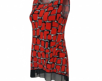Premise XL Red Geometric Print Sleeveless Tunic Top with Sheer Hem 80's 90's VTG