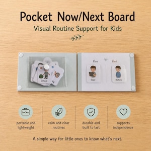 May include: A Pocket Now/Next Board visual routine support for kids featuring a light grey folding board with a clear plastic pocket for cards and two slots labelled Now and Next with illustrated activity cards showing a tablet and bedtime.