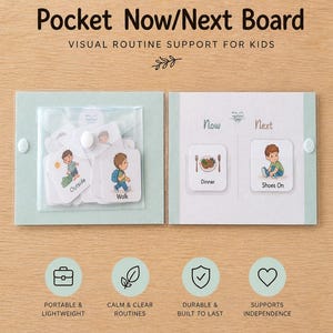 Könnte beinhalten: Ein Pocket Now/Next Board für Kinder, das visuelle Unterstützung für Routinen bietet. Das Board enthält Karten mit Illustrationen für Aktivitäten wie "Draußen", "Gehen", "Abendessen" und "Schuhe an". Das Design betont Portabilität, klare Routinen, Haltbarkeit und fördert die Unabhängigkeit.
