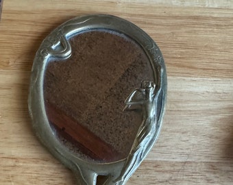 European Whimsical Art Nouveau Brass Nymph Vanity Hand Mirror