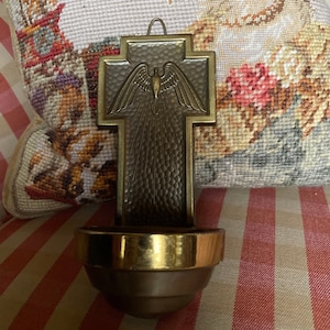 Religious European Holy Spirit Brass Cross Holy Water Holder