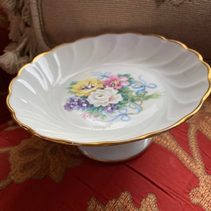 French Paris Chic Limoges Roses Floral Vanity Pedestal Dish