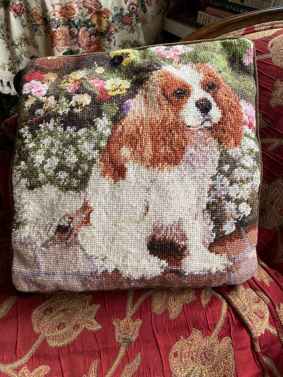 English Country Staffordshire King Charles Dog Needlepoint Pillow Cover